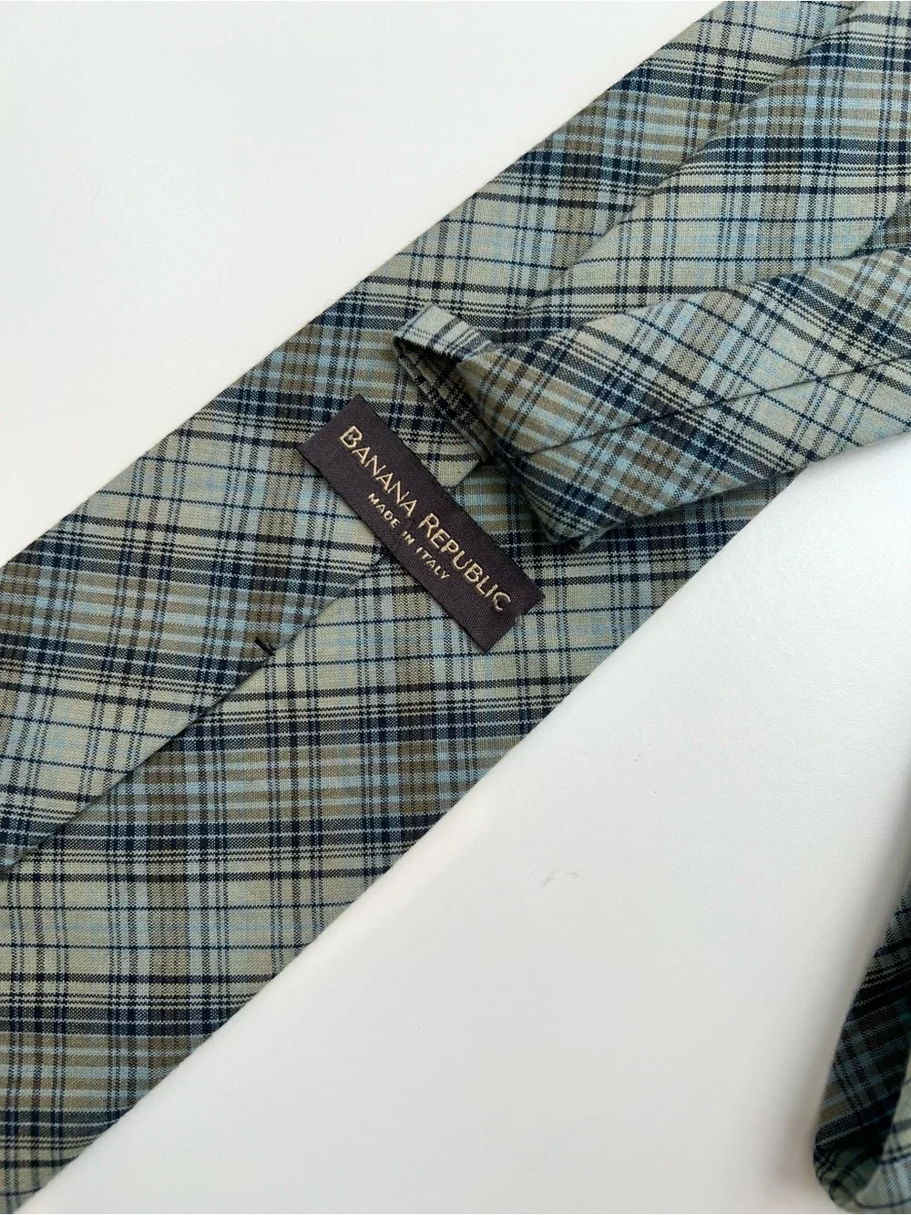 Banana Republic Plaid Necktie Made In Italy Sage Green Blue Check Mens Classic